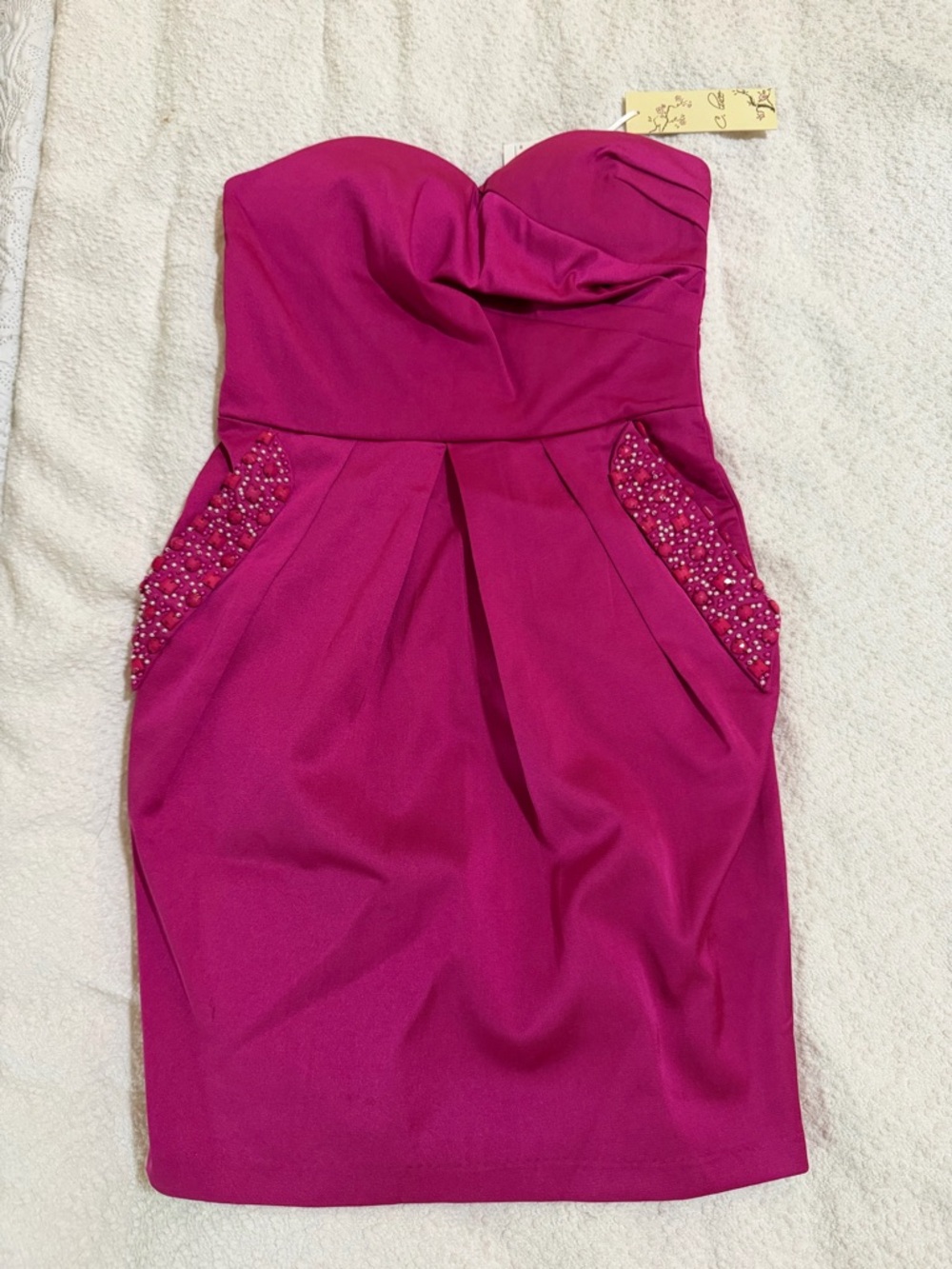 C.Luce hot pink strapless cocktail dress featuring rhinestone embellishments S